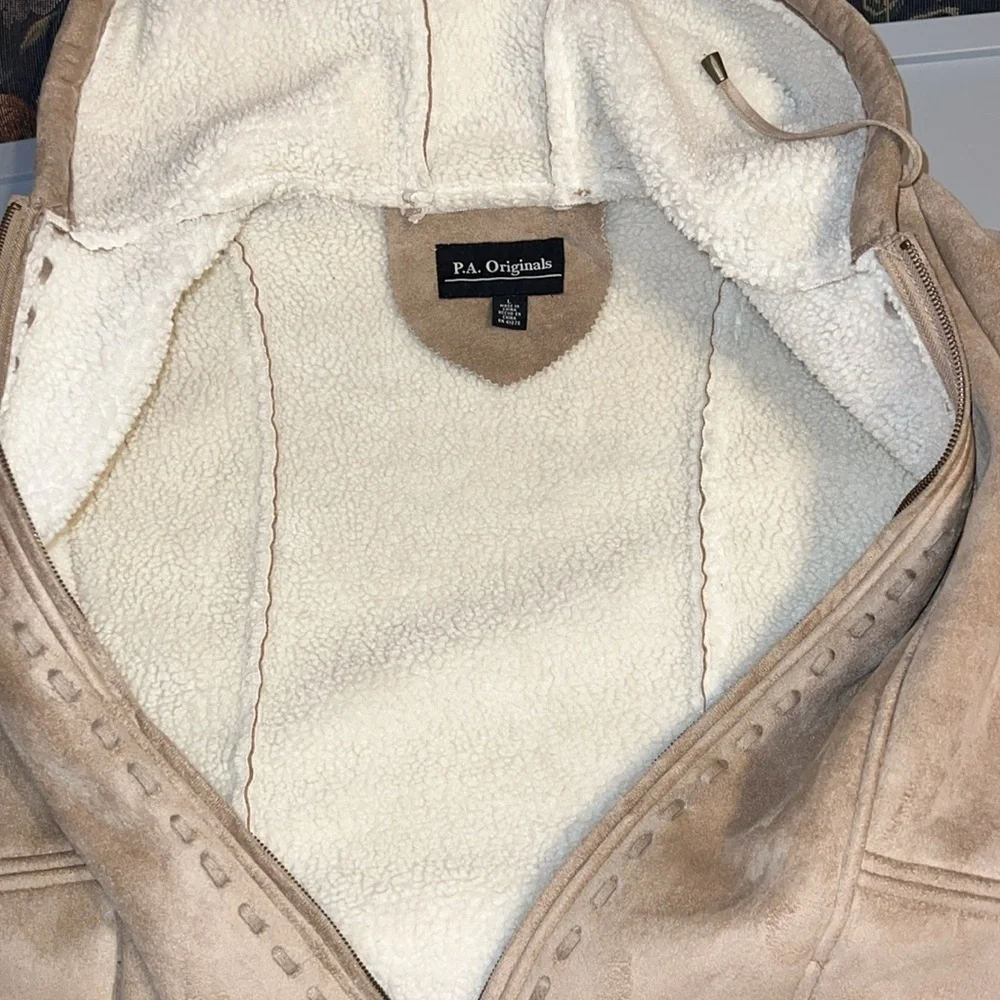Vintage P.A. Originals Cozy Tan Hooded Serpa Lined Faux Suede Jacket Large